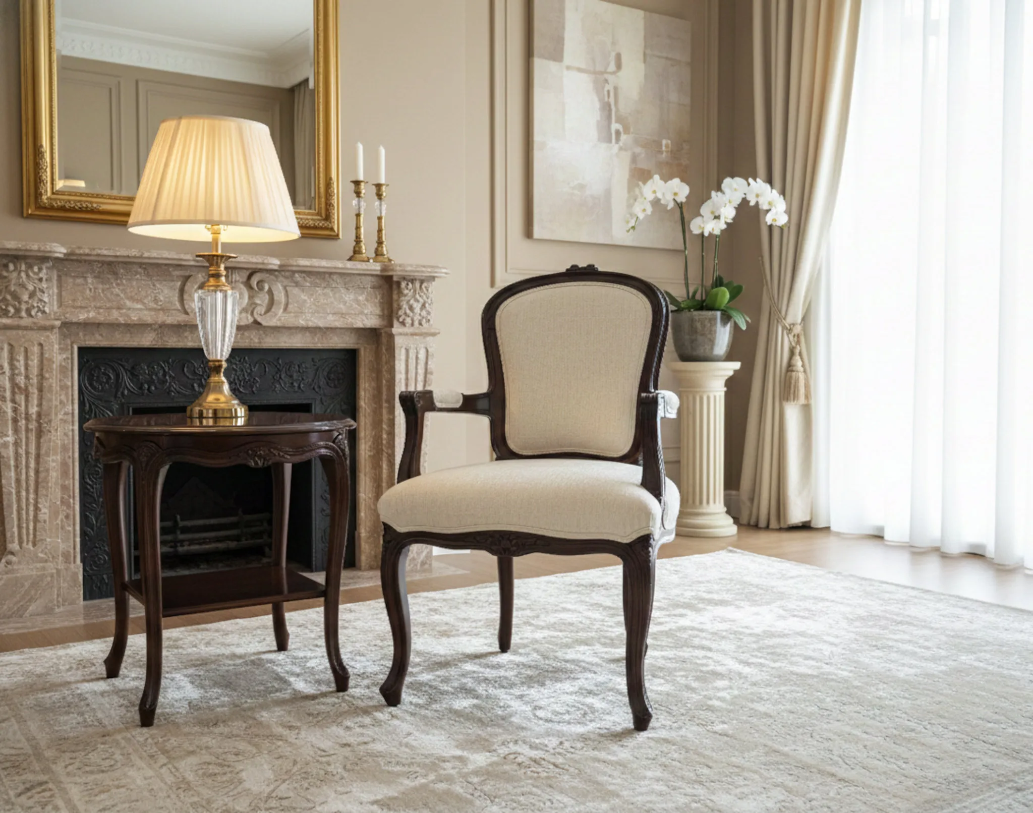 Armchair armchair 2 Aarna Armchair : chair with armrest in solid wood with carved detailing and upholstered seat for living room and heritage interiors