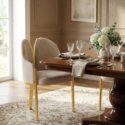 Cressa Dining Chair : dining table chairs with curved upholstered back, split detail and gold wooden accents for refined dining spaces