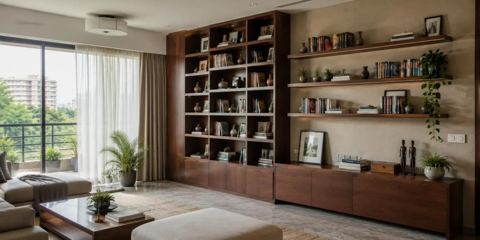 Luxury modern Indian living room featuring a bespoke wooden floor-to-ceiling bookshelf with floating wall shelves in a premium Gurugram home.