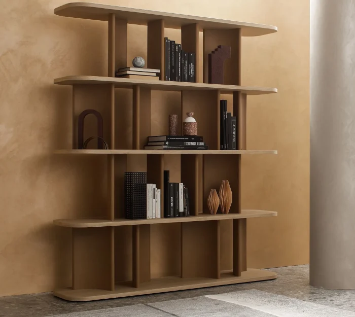 Cael Bookcase : wooden bookshelf with open shelves and warm toned finish for living room and home interiors